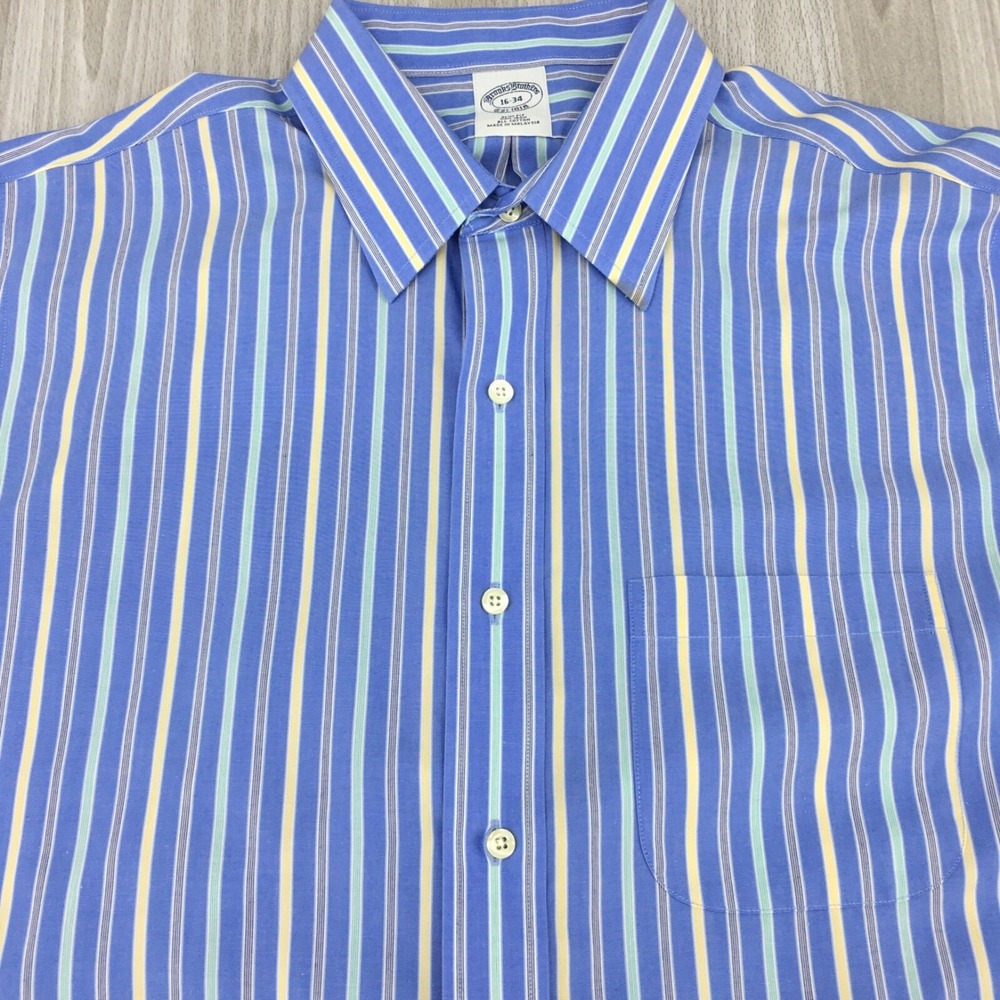 Brooks Brothers Slim Fit Non-Iron 16-34 Blue Yellow Striped Mens‎ Dress Shirt